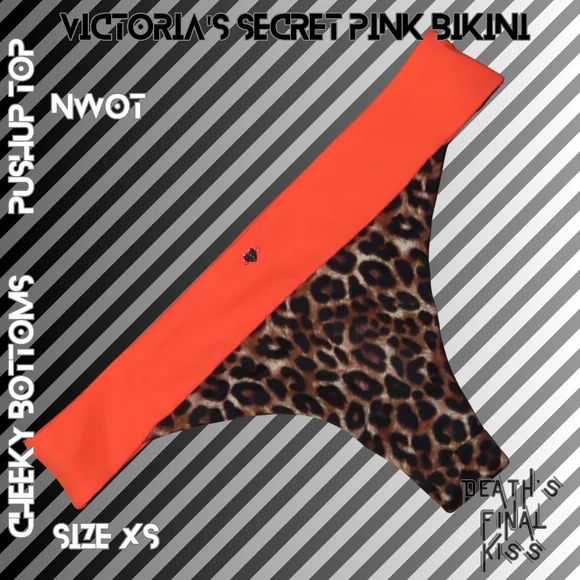 RARE Victoria's Secret PINK Hunter Orange Leopard Cheeky Tiny Pushup Bikini XS - Picture 11 of 15